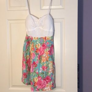 Floral summer dress with a white lacy top
